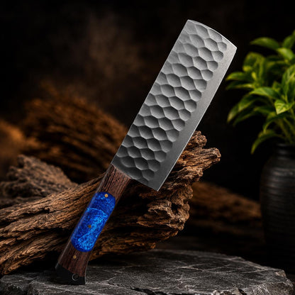 Sapphire Resin Kitchen Knife Set with Black Blades & Custom Leather Roll-Up Case