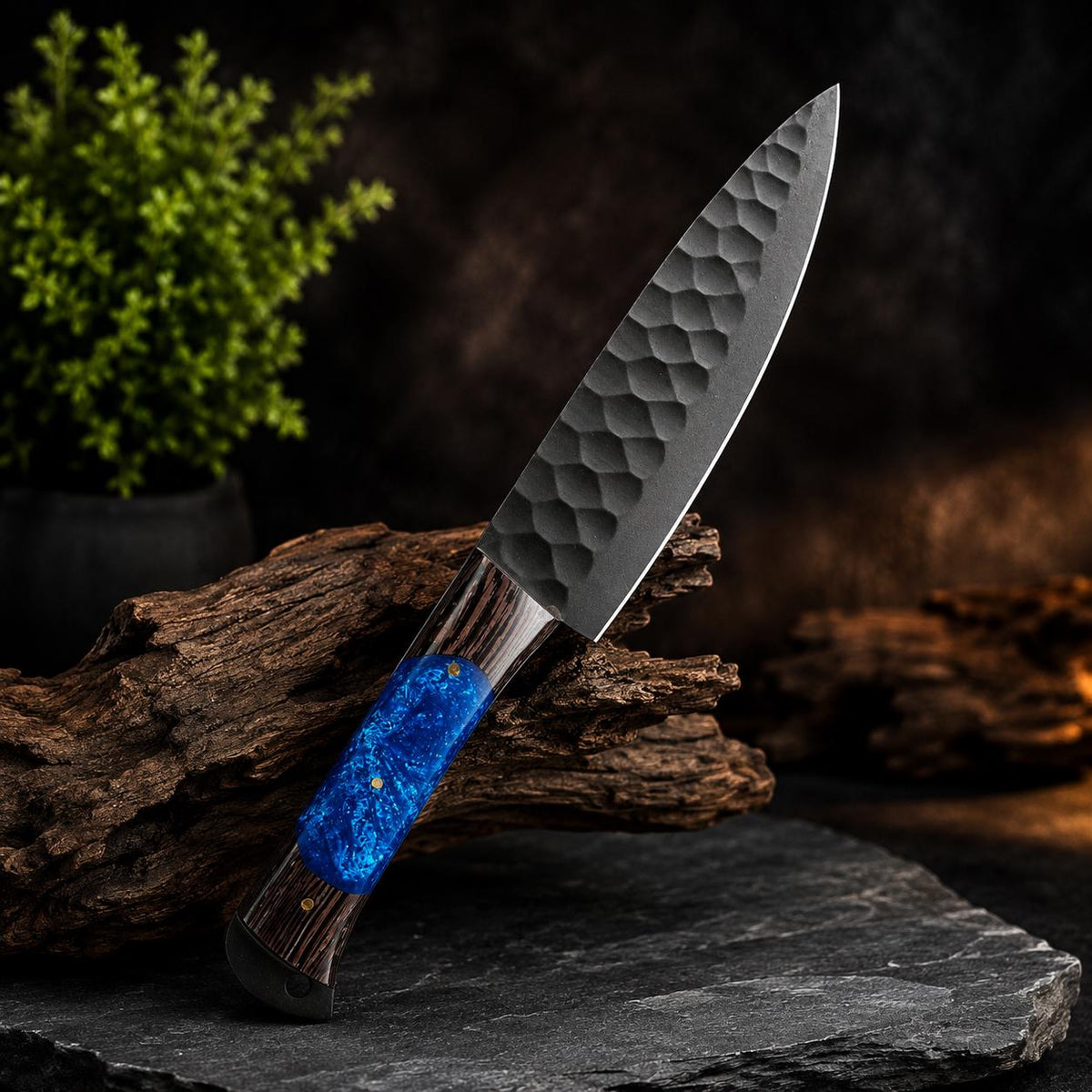 Sapphire Resin Kitchen Knife Set with Black Blades & Custom Leather Roll-Up Case