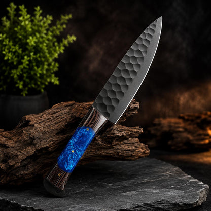 Sapphire Resin Kitchen Knife Set with Black Blades & Custom Leather Roll-Up Case