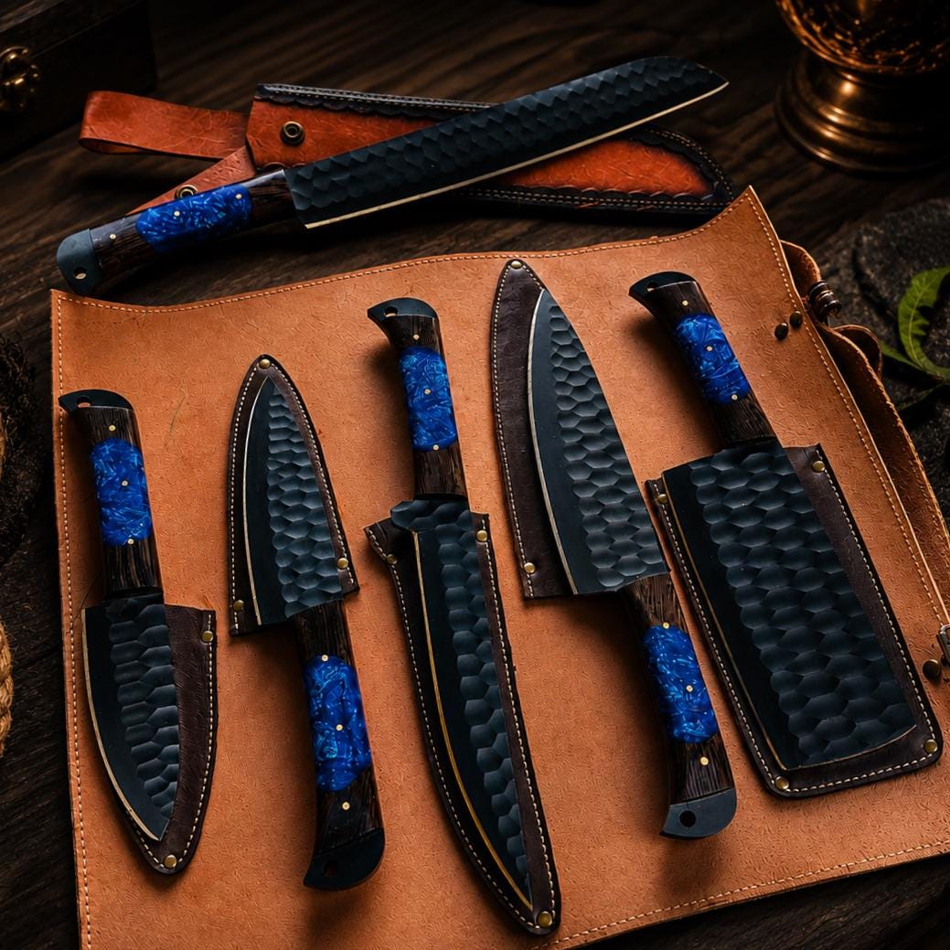 Sapphire Resin Kitchen Knife Set with Black Blades & Custom Leather Roll-Up Case