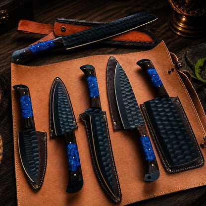 Sapphire Resin Kitchen Knife Set with Black Blades & Custom Leather Roll-Up Case
