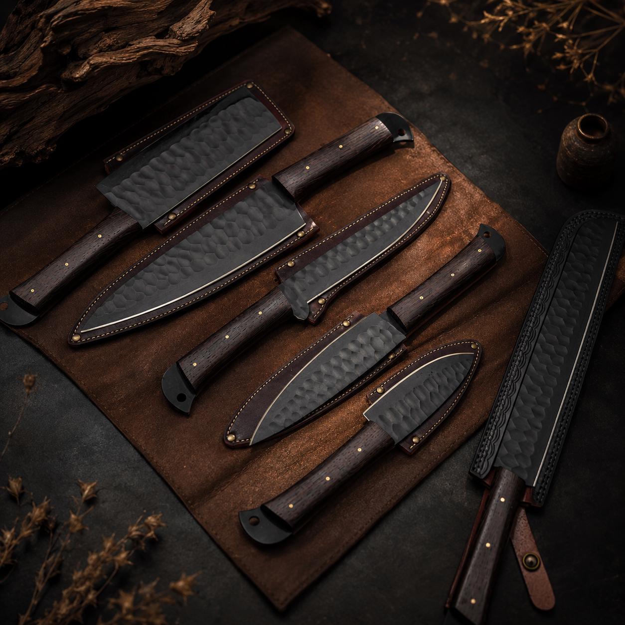 Handmade Black Hammered Steel Chef Set with Wood Handle and Leather Roll