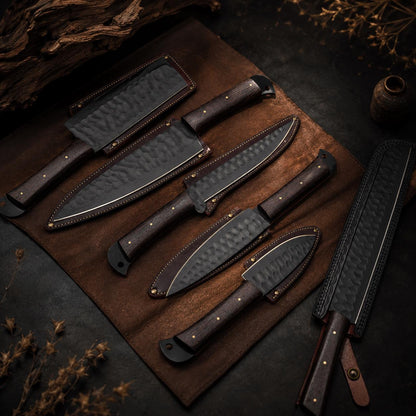 Handmade Black Hammered Steel Chef Set with Wood Handle and Leather Roll
