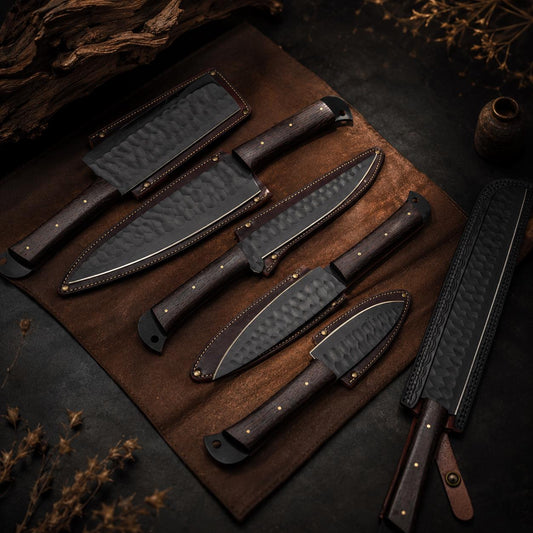 Handmade Black Hammered Steel Chef Set with Wood Handle and Leather Roll