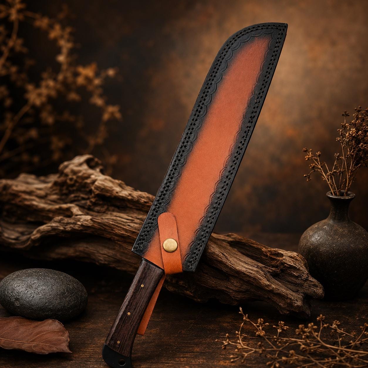 Handmade Black Hammered Steel Chef Set with Wood Handle and Leather Roll