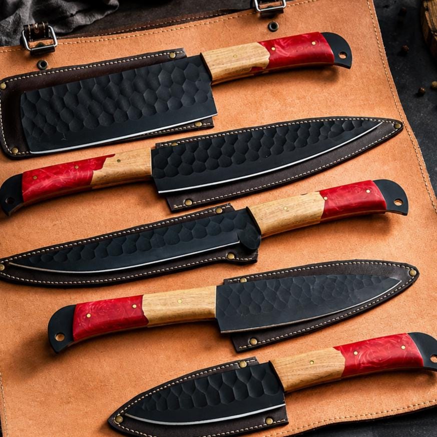Crimson Resin & Wood Kitchen Knife Set with Black Blades and Leather Sheath