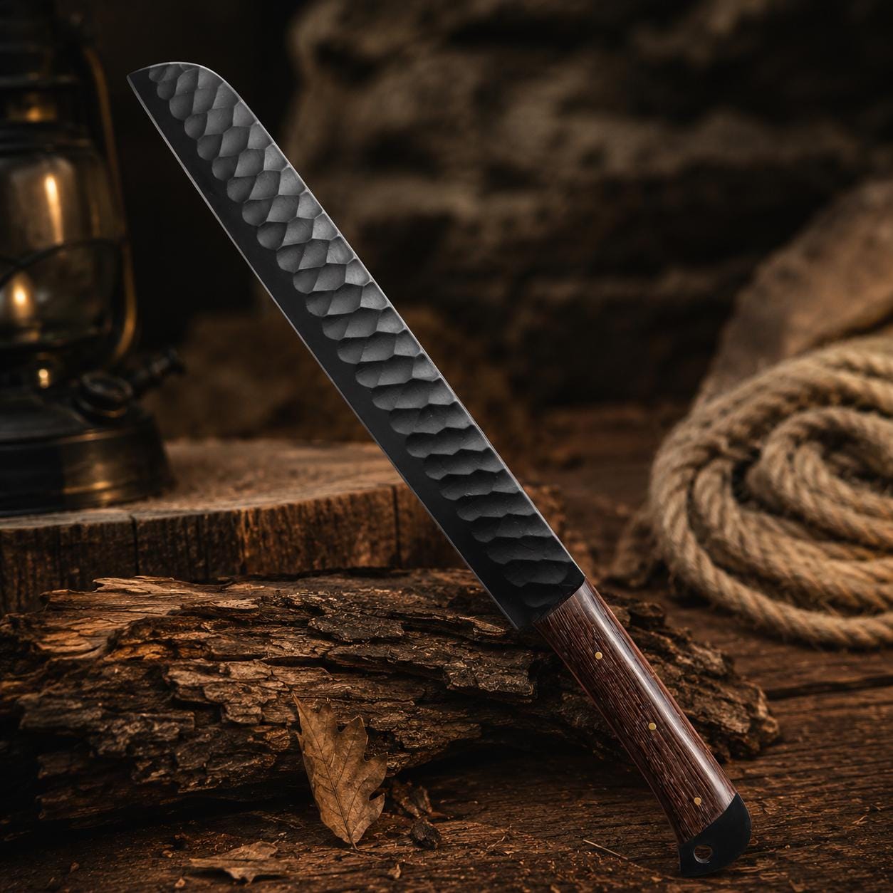 Hand Forged Kitchen Cleaver Knife with Textured Black Blade & Custom Leather Sheath