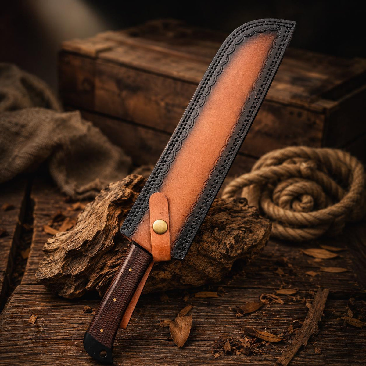 Hand Forged Kitchen Cleaver Knife with Textured Black Blade & Custom Leather Sheath