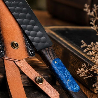 Handmade Forged Carbon Steel Utility Tool | Textured Black Finish, Blue Resin Inlay & Leather Sheath