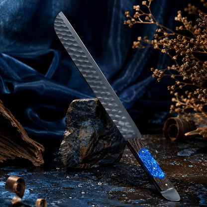 Handmade Forged Carbon Steel Utility Tool | Textured Black Finish, Blue Resin Inlay & Leather Sheath