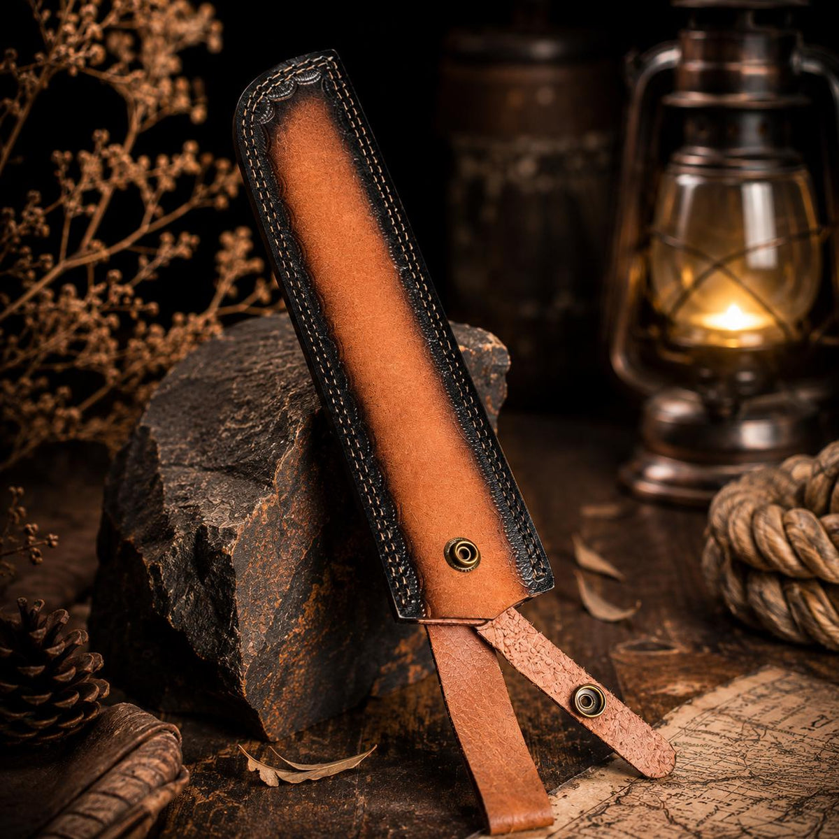 Handmade Forged Carbon Steel Utility Tool | Textured Black Finish, Blue Resin Inlay & Leather Sheath