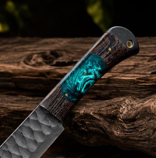 Handmade Hammered Steel Utility Tool, Turquoise Resin Wood Handle & Leather Sheath
