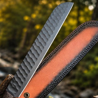 Handmade Hammered Steel Utility Tool, Turquoise Resin Wood Handle & Leather Sheath