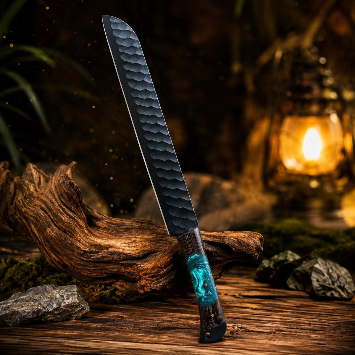 Handmade Hammered Steel Utility Tool, Turquoise Resin Wood Handle & Leather Sheath