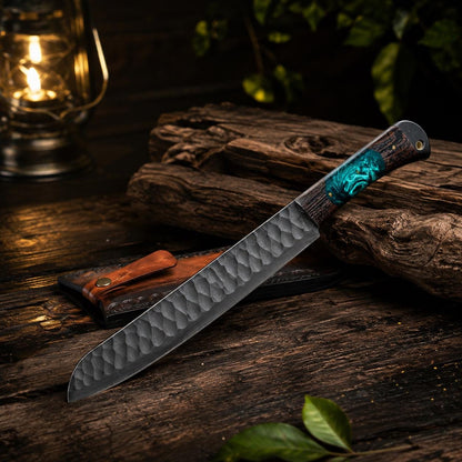 Handmade Hammered Steel Utility Tool, Turquoise Resin Wood Handle & Leather Sheath