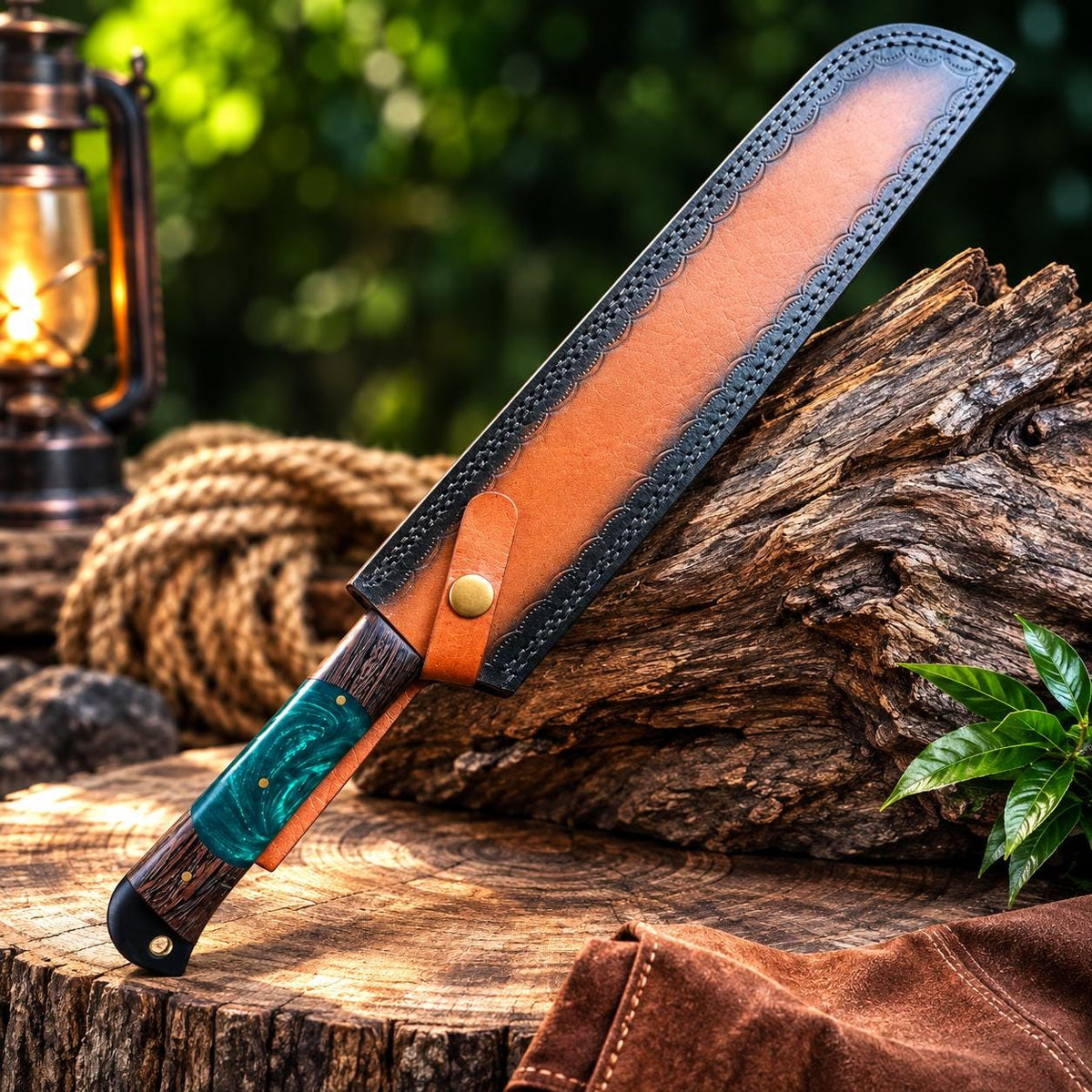 Handmade Hammered Steel Utility Tool, Turquoise Resin Wood Handle & Leather Sheath