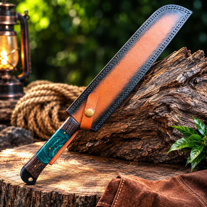 Handmade Hammered Steel Utility Tool, Turquoise Resin Wood Handle & Leather Sheath