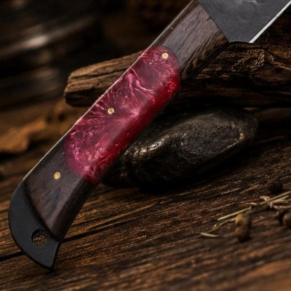 Artisan Hammered Carbon Steel Utility Blade, Ruby Swirl Resin & Wood Handle, Leather Sheath