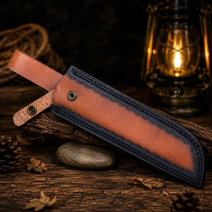 Artisan Hammered Carbon Steel Utility Blade, Ruby Swirl Resin & Wood Handle, Leather Sheath