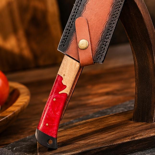 Hand Forged Carbon Steel Utility Blade, Ruby Swirl Resin & Wood Grip, Stamped Leather Scabbard