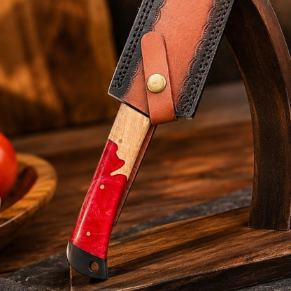 Hand Forged Carbon Steel Utility Blade, Ruby Swirl Resin & Wood Grip, Stamped Leather Scabbard