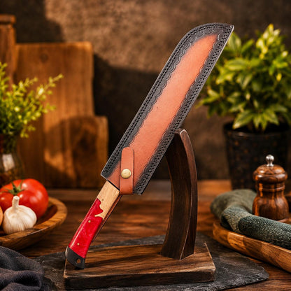 Hand Forged Carbon Steel Utility Blade, Ruby Swirl Resin & Wood Grip, Stamped Leather Scabbard