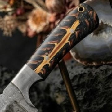 Damascus Steel Tracker Knife – Patterned Wood Handle, Leather Sheath, Outdoor Tool