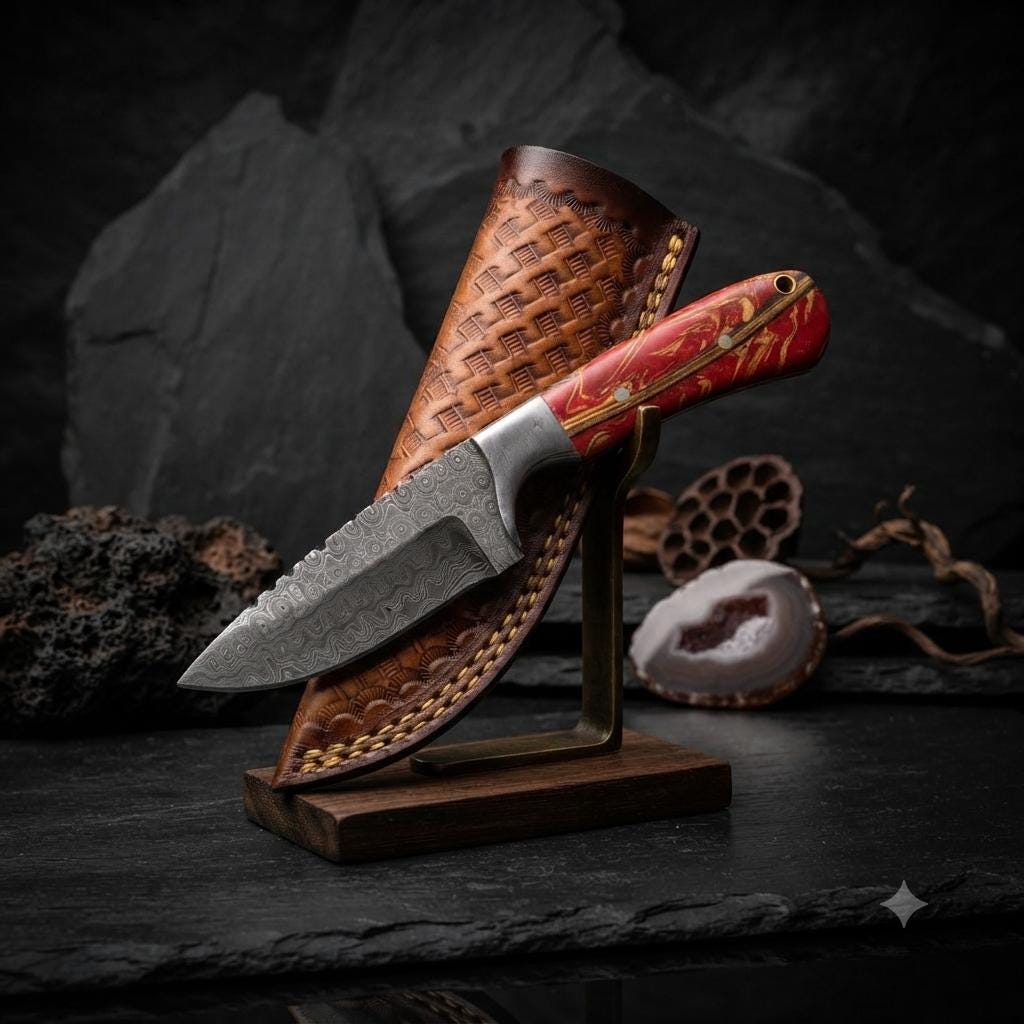 Damascus Steel Tracker Knife – Patterned Wood Handle, Leather Sheath, Outdoor Tool