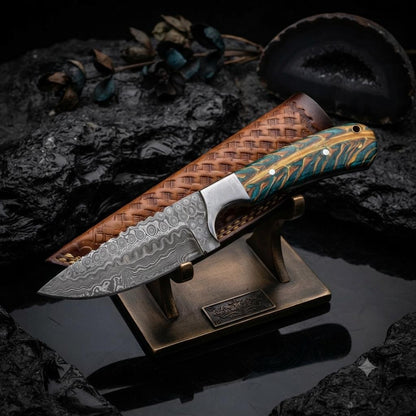 Damascus Steel Tracker Knife – Patterned Wood Handle, Leather Sheath, Outdoor Tool