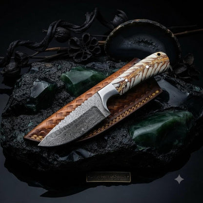 Damascus Steel Tracker Knife – Patterned Wood Handle, Leather Sheath, Outdoor Tool