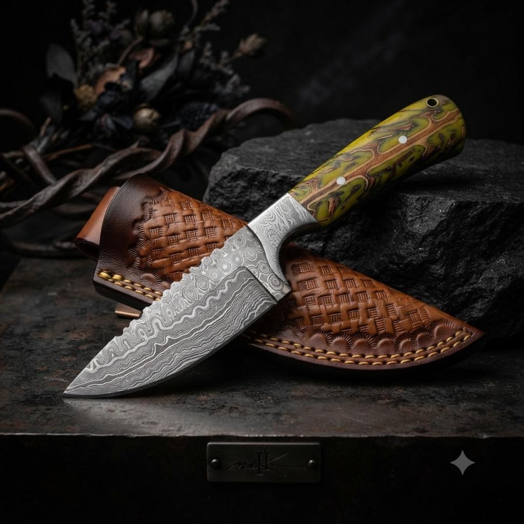 Damascus Steel Tracker Knife – Patterned Wood Handle, Leather Sheath, Outdoor Tool