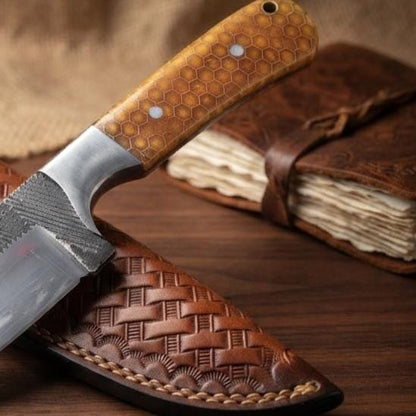 Handmade Custom Tracker Knife with Honeycomb Resin Handle and Leather Sheath