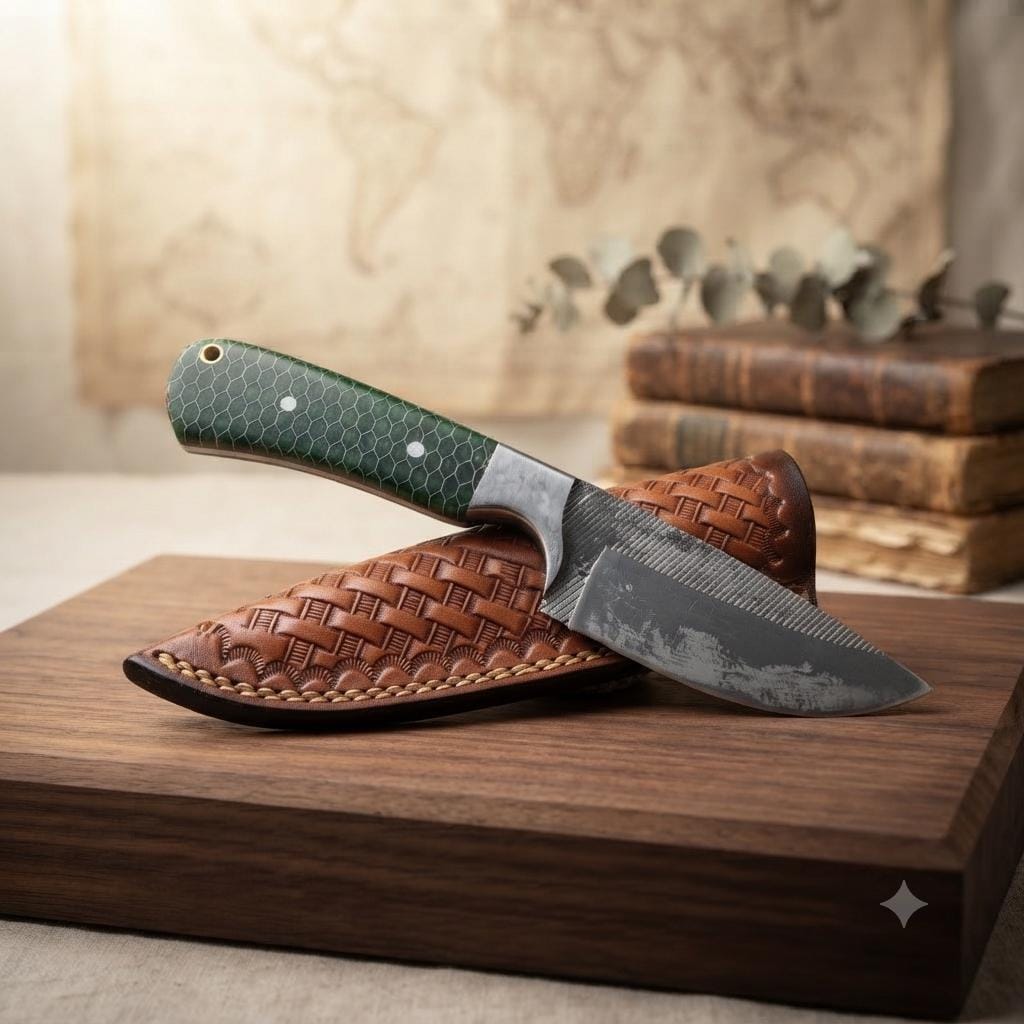 Handmade Custom Tracker Knife with Honeycomb Resin Handle and Leather Sheath