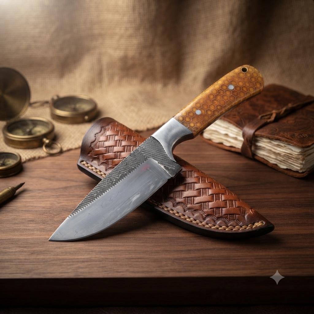 Handmade Custom Tracker Knife with Honeycomb Resin Handle and Leather Sheath
