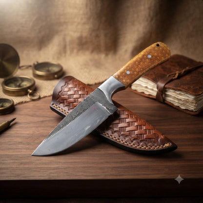 Handmade Custom Tracker Knife with Honeycomb Resin Handle and Leather Sheath