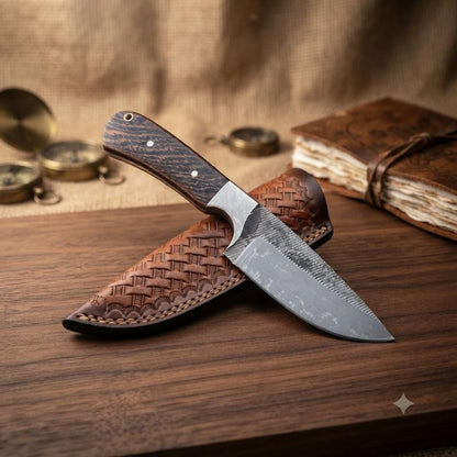 Handmade Wood Handle Tracker Knife with Leather Sheath for Bushcraft & Camping