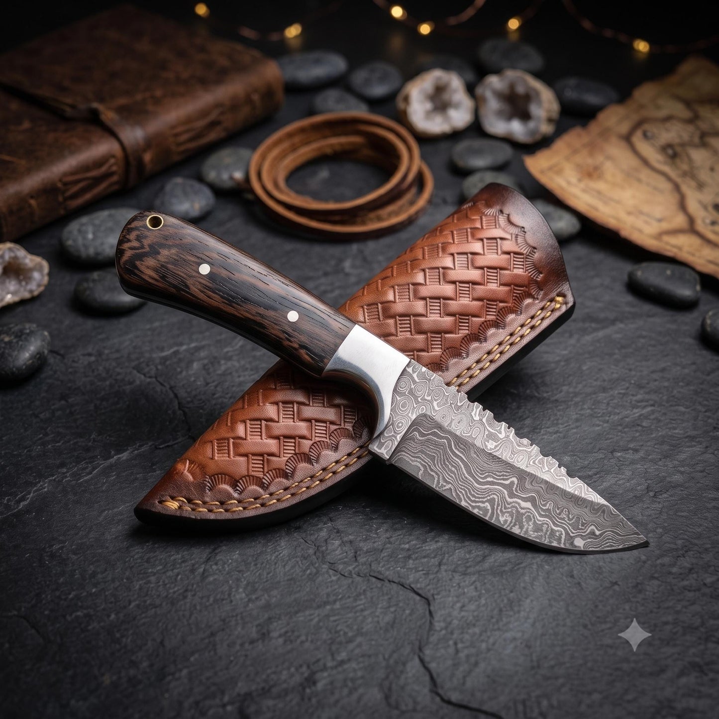 Handmade Wood Handle Tracker Knife with Leather Sheath for Bushcraft & Camping