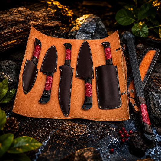 Handmade Forged High-Carbon Steel Chef Knife Set – Red Marbled Resin Handles with Leather Roll