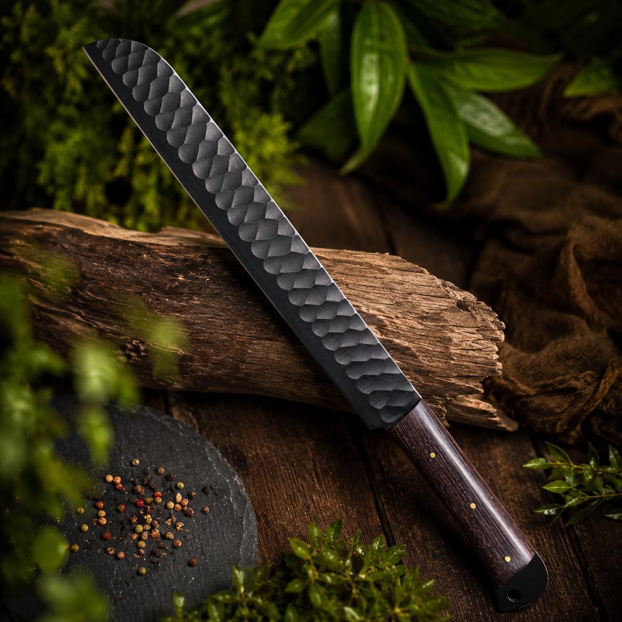 Handmade Black Hammered Steel Chef Set with Wood Handle and Leather Roll