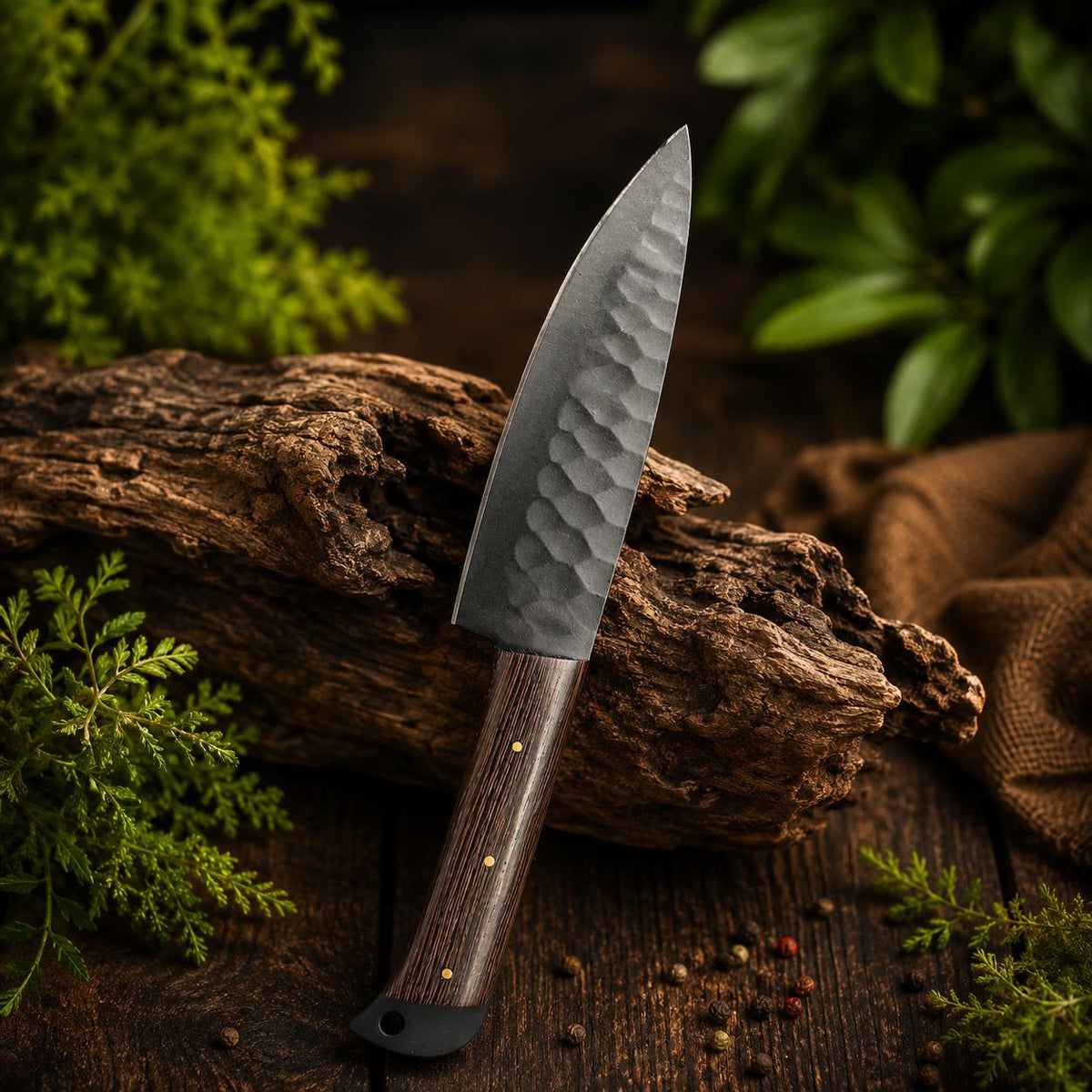 Handmade Black Hammered Steel Chef Set with Wood Handle and Leather Roll