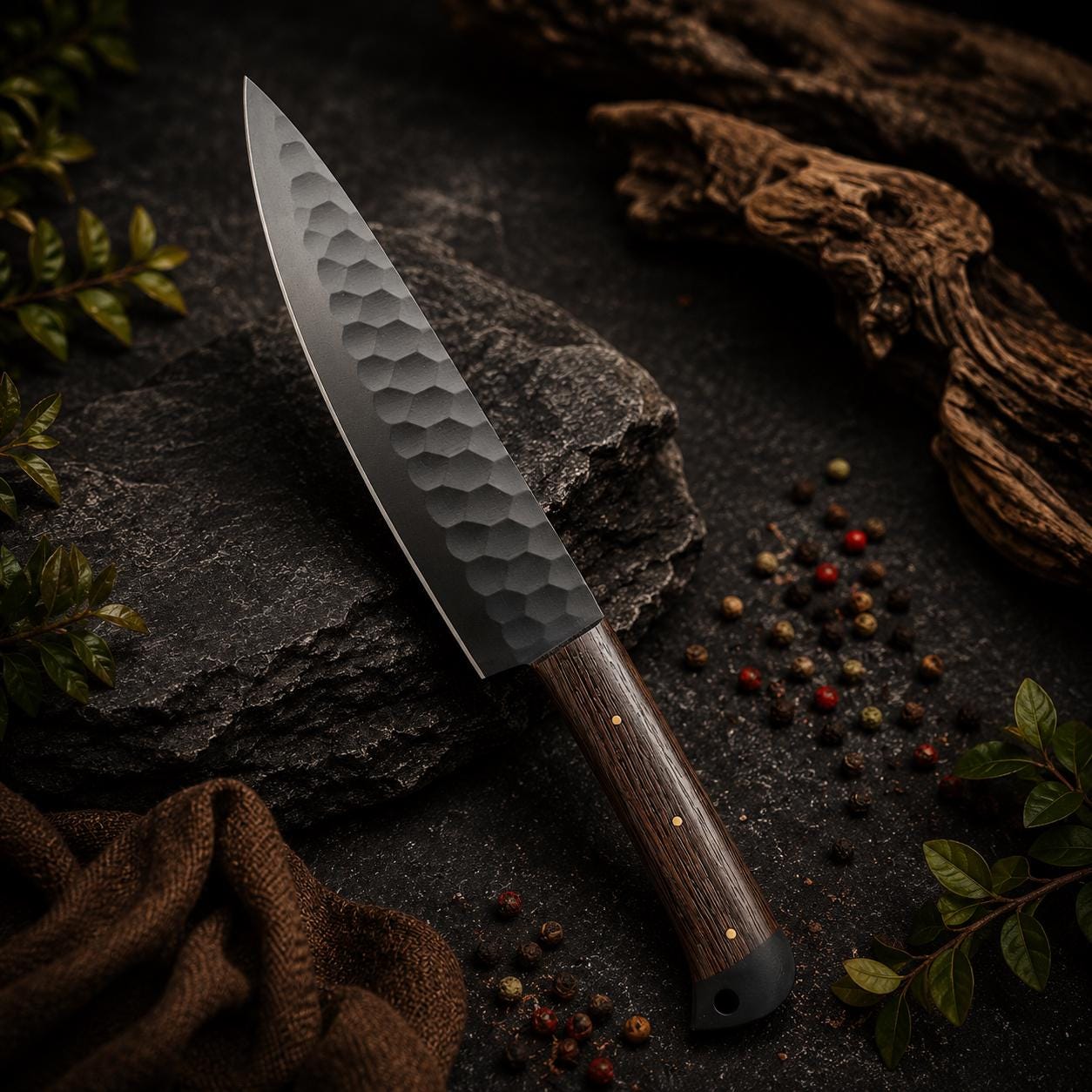 Handmade Black Hammered Steel Chef Set with Wood Handle and Leather Roll