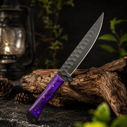 Purple Resin Handle Kitchen Knife Set with Black Blades & Leather Roll