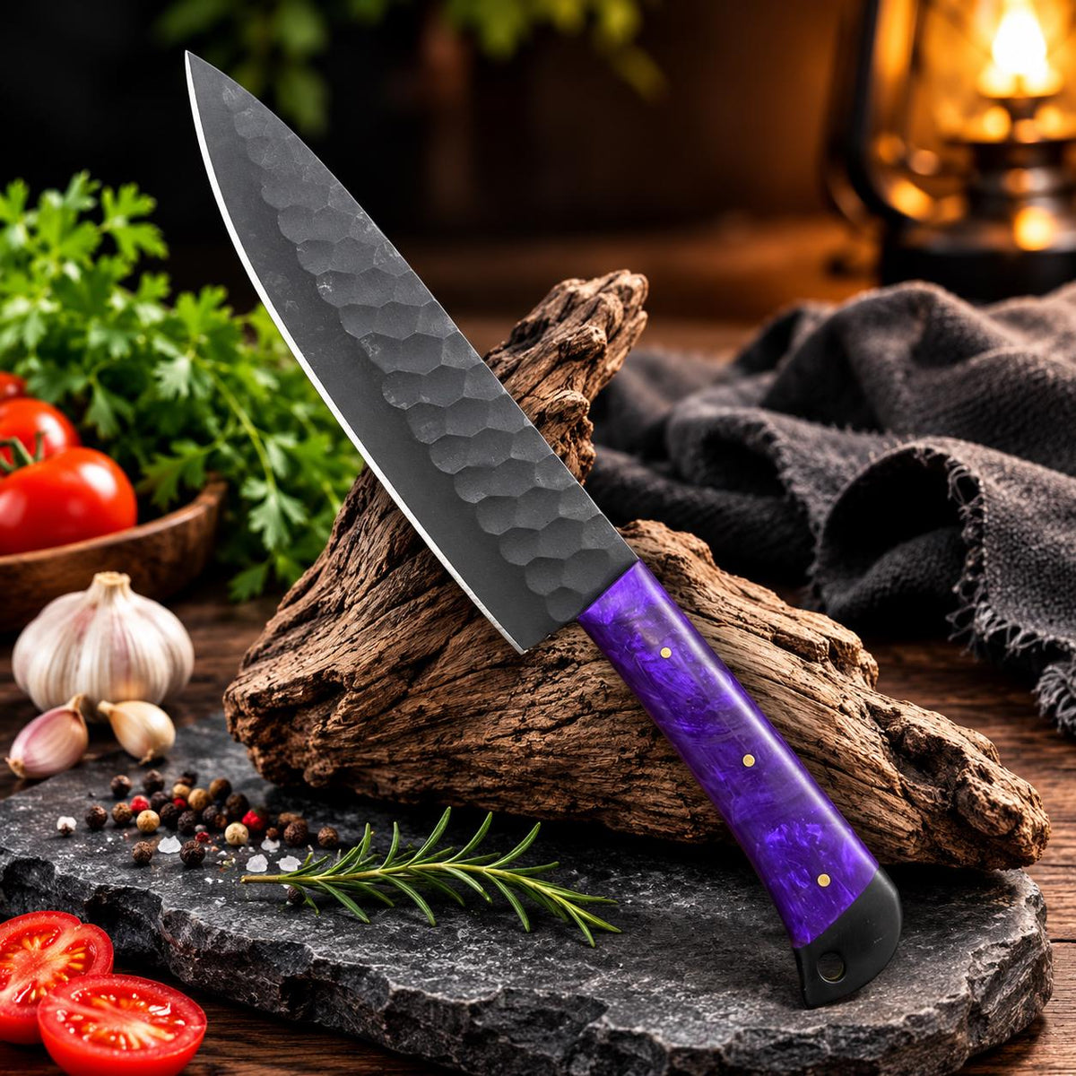 Purple Resin Handle Kitchen Knife Set with Black Blades & Leather Roll