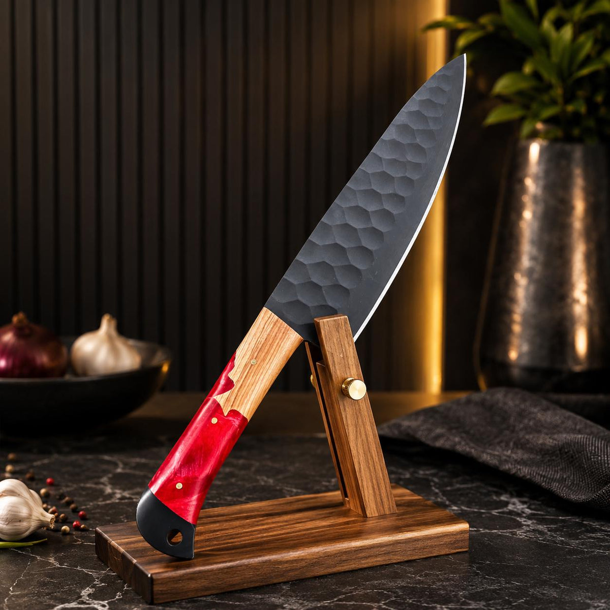 Crimson Resin & Wood Kitchen Knife Set with Black Blades and Leather Sheath