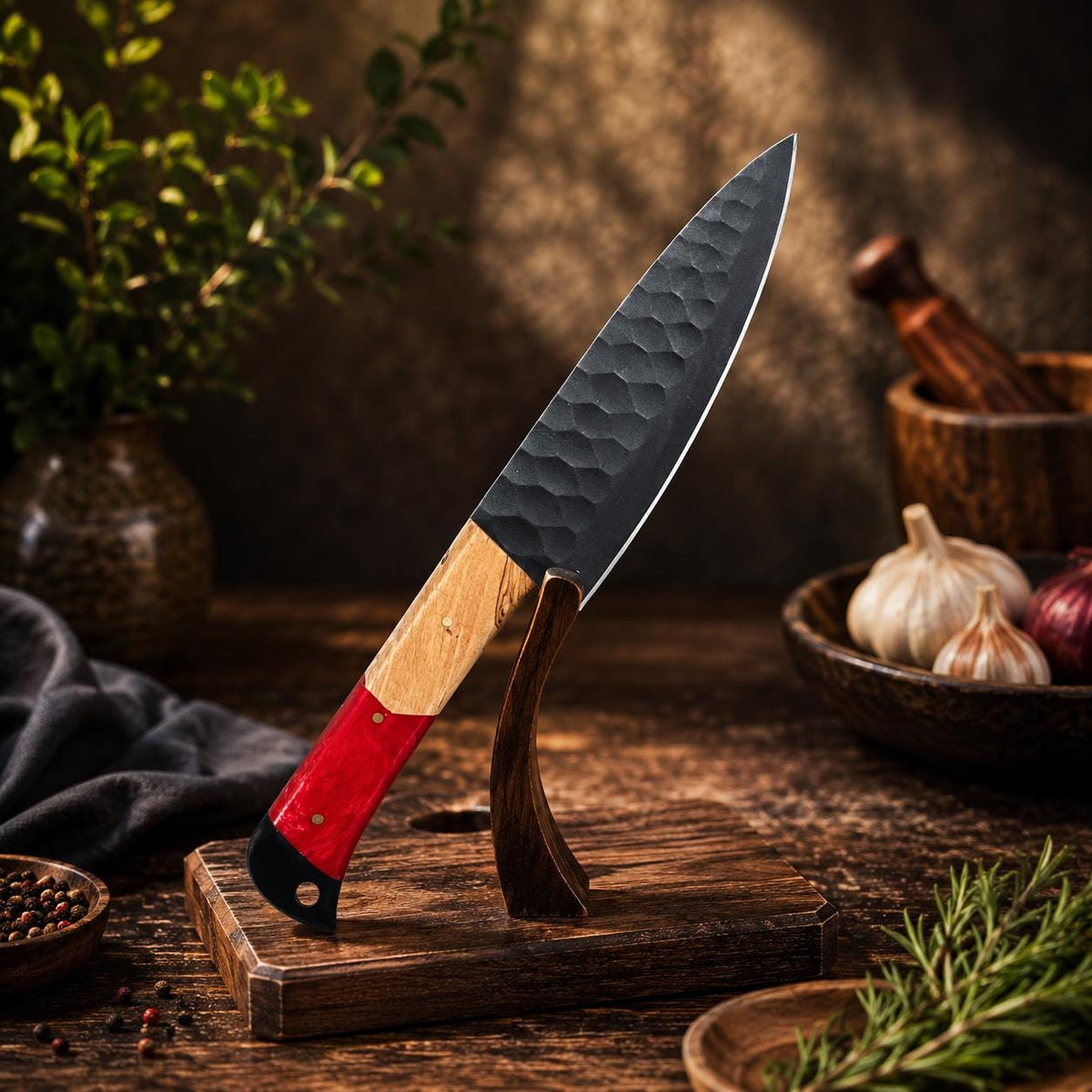 Crimson Resin & Wood Kitchen Knife Set with Black Blades and Leather Sheath