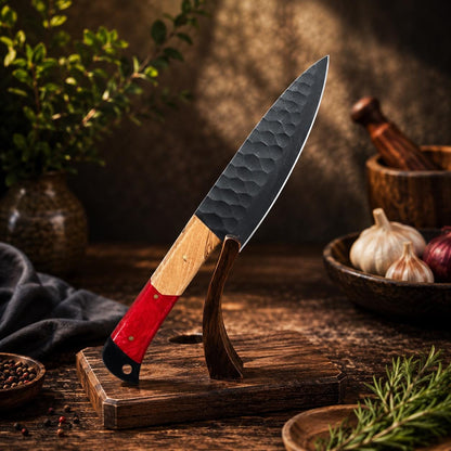 Crimson Resin & Wood Kitchen Knife Set with Black Blades and Leather Sheath