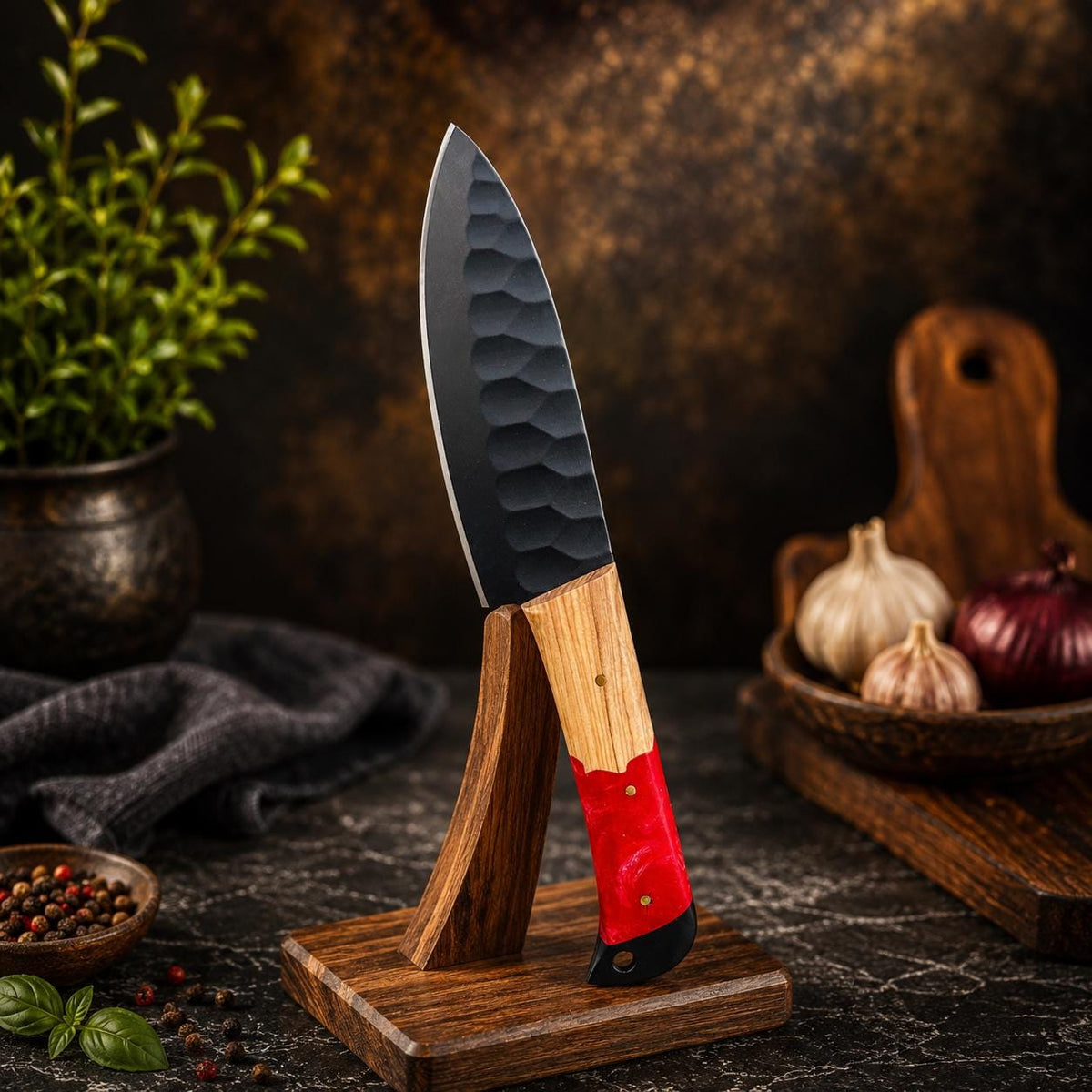 Crimson Resin & Wood Kitchen Knife Set with Black Blades and Leather Sheath