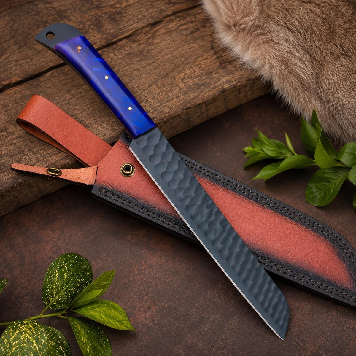 Hand Forged Cobalt Blue Resin Kitchen Knife with Black Blade and Tooled Leather Sheath