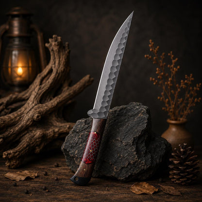 Crimson Honeycomb Resin Kitchen Knife Set with Black Textured Blades & Leather Case