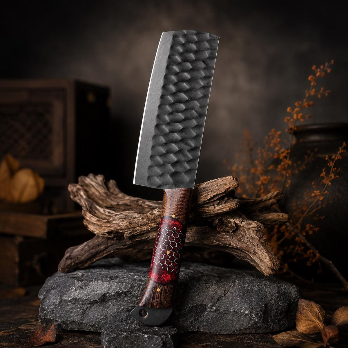 Crimson Honeycomb Resin Kitchen Knife Set with Black Textured Blades & Leather Case